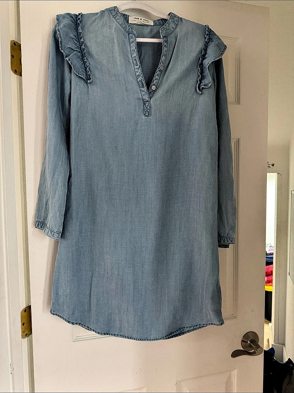 Cloth & Stone Ruffle-Neck Mini Dress Blue XXS